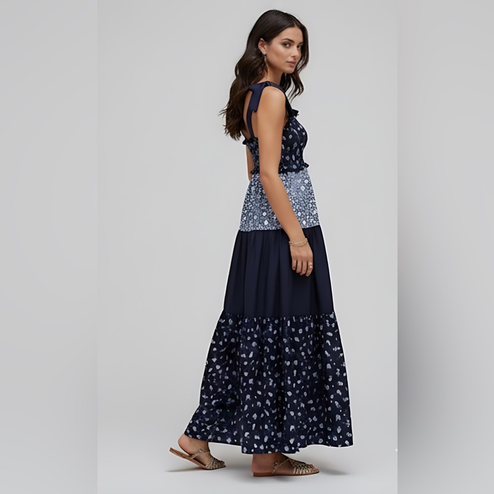 Boho Ditsy Floral Long Dress With Tie Waist, Ruffled Hem Blue - Picture 3 of 8